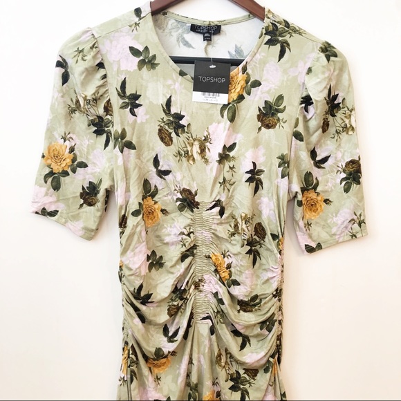 Topshop Asymmetrical Rushed Floral Green Dress NWT - Picture 2 of 7